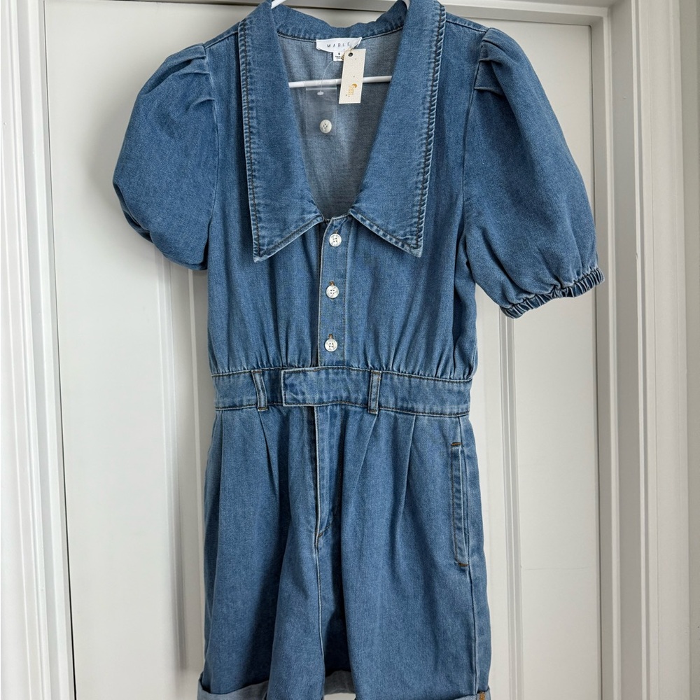 MABLE NWT Blue Denim Romper with Puff Sleeves